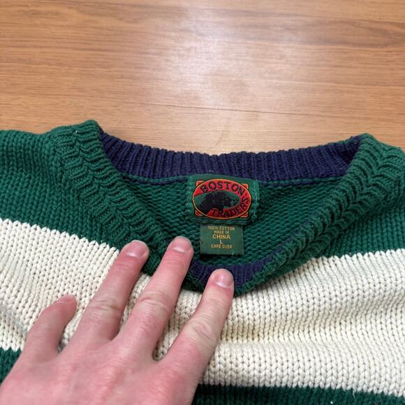 Vintage 90's Boston Traders Green White Chunky Knit Crewneck Sweater Sz Large - Picture 8 of 8